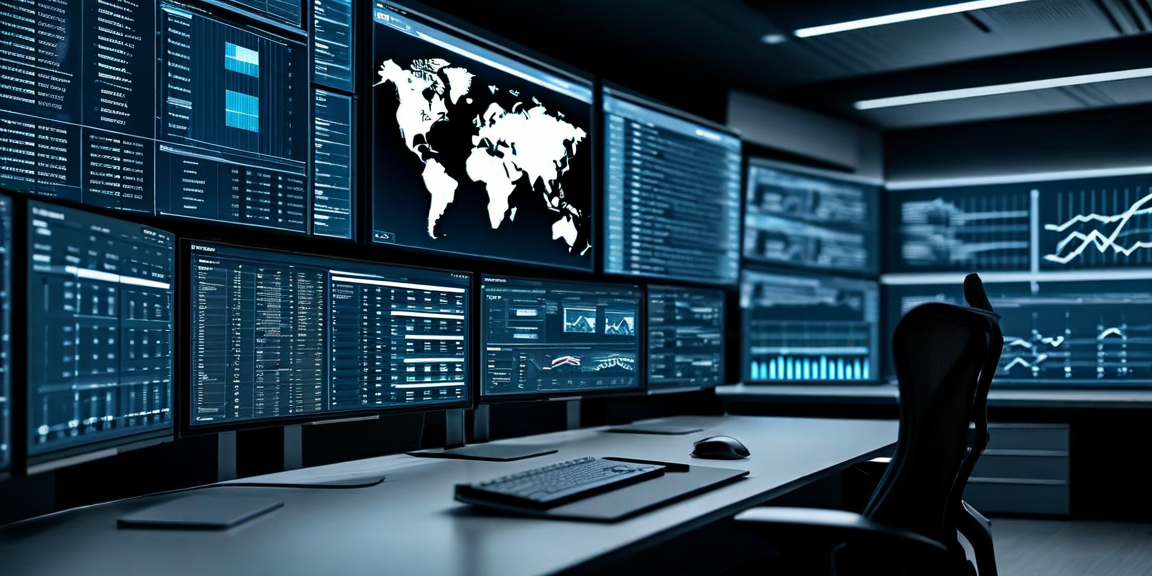 Modern security operations center with AI-assisted threat analysis workstations and monitoring displays